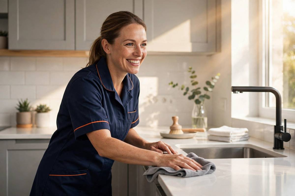 Professional cleaner working in a bright kitchen