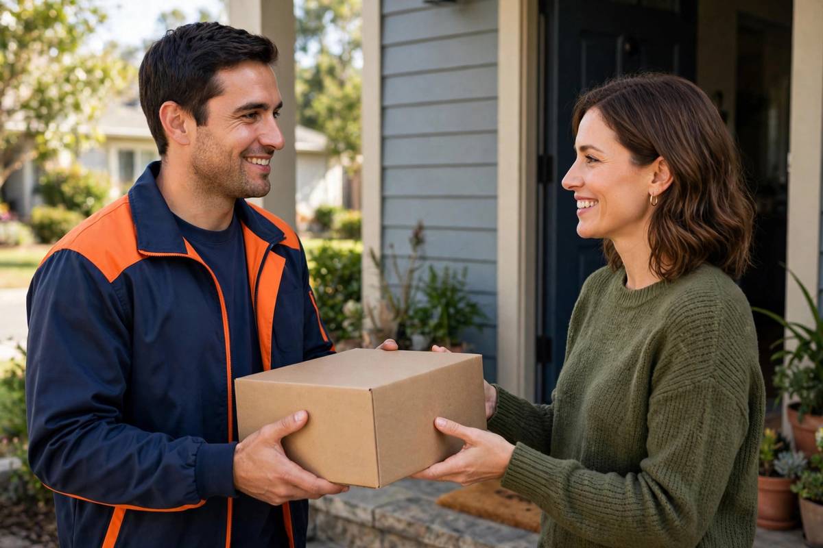 Delivery driver handing a parcel at a doorstep
