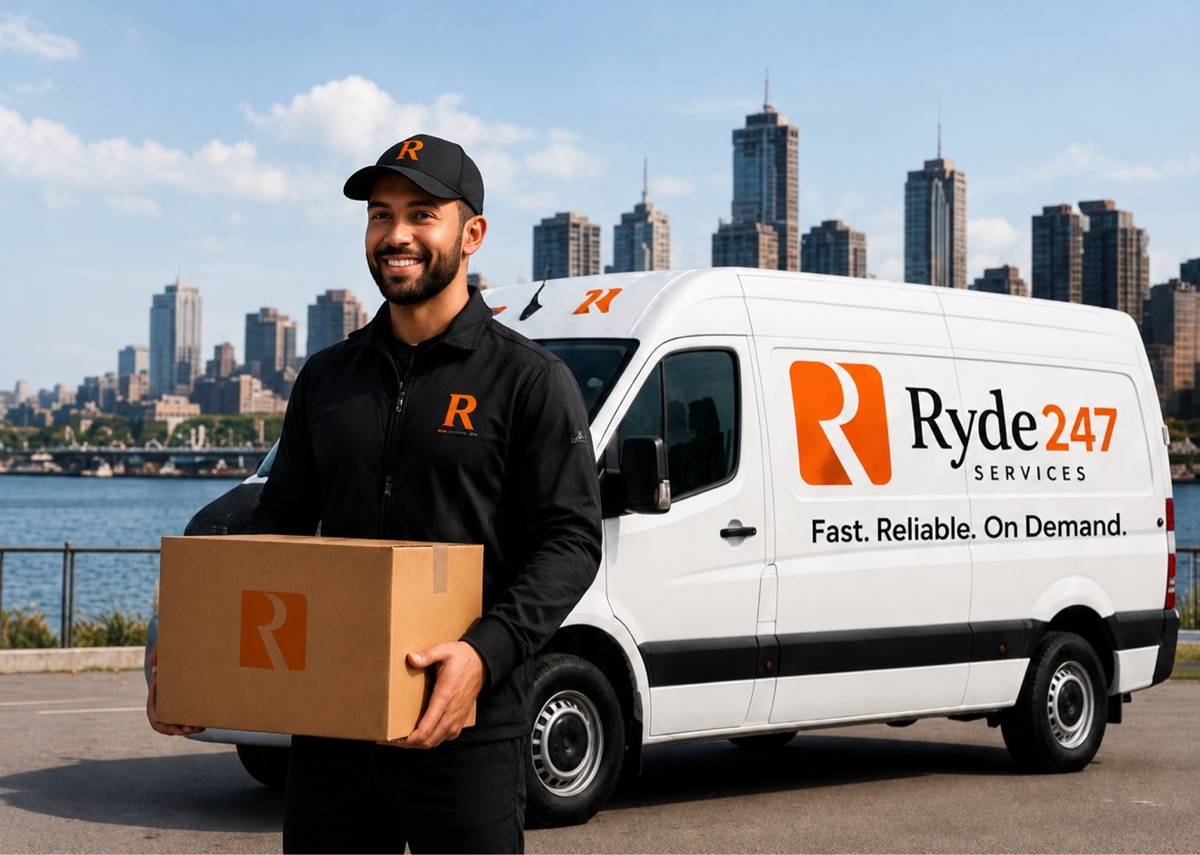 Ryde247 delivery driver beside a branded vehicle